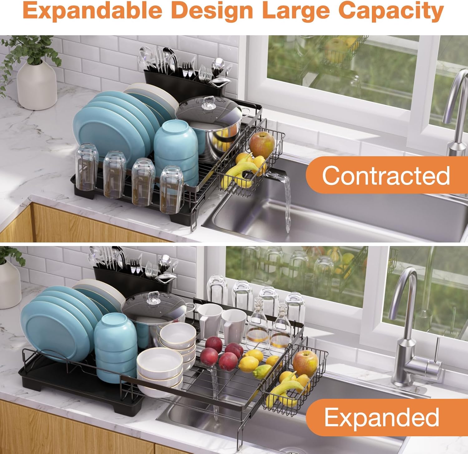 Dish Drying Rack,Extendable Dish Rack,Drying Rack with Automatic Drainboard，Dish Drainers for Kitchen Counter,Anti-Rust Dish Drainers with Cup Holders & Utensil,Black