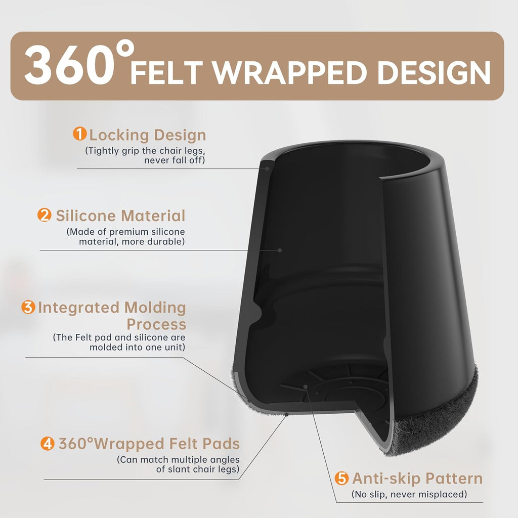 24PCS Upgraded Silicone Chair Leg Floor Protectors for Hardwood Floors, Furniture Sliders for Chair Legs, 360°Felt Pad Bottom Wrapped Thickening Furniture Pads Cap Covers to Scratch and Reduce Noise