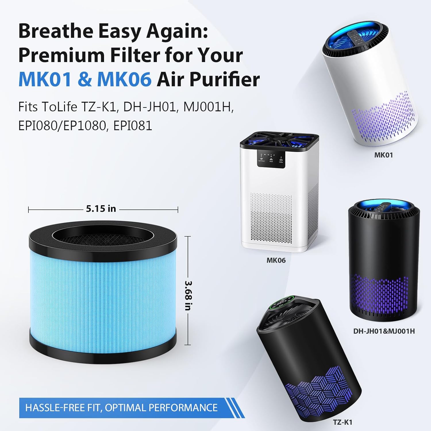 MK01 & MK06 Air Filter Replacement Compatible with Aroeve MK01, MK06, ToLife TZ-K1 and Kloudi DH-JH01 Air Purifier, Standard Version(2 Pack)