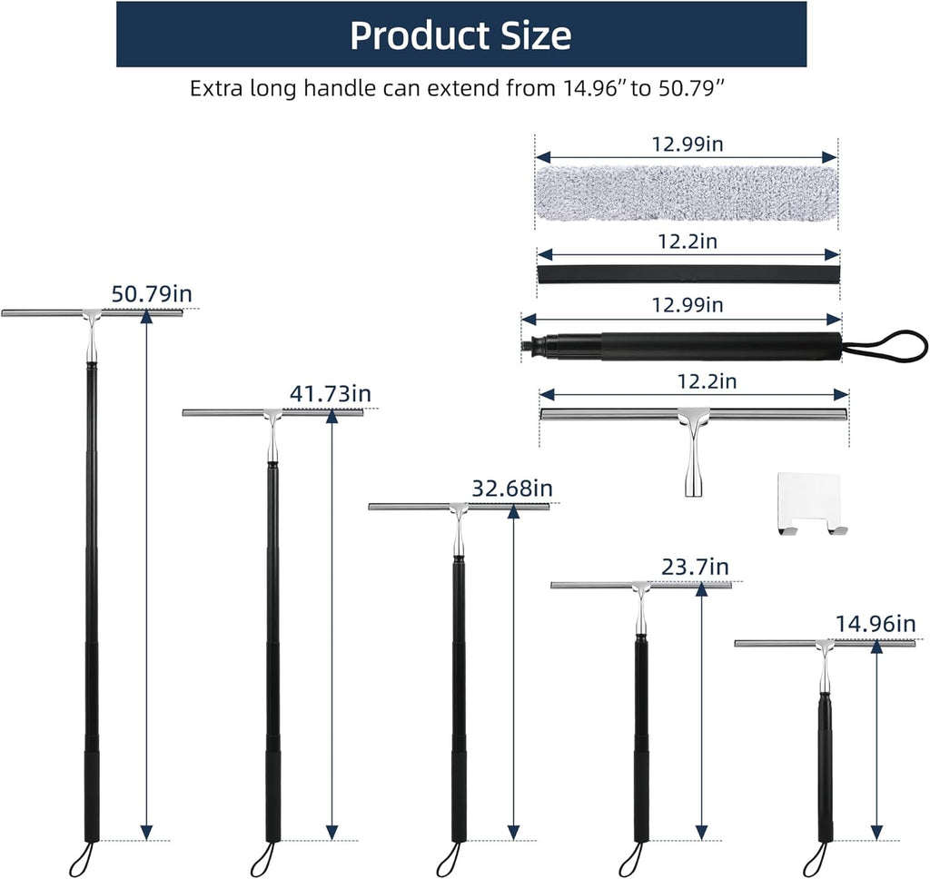 12-51’’ Telescopic Window Squeegee for Home, 2 in 1 Window Cleaning Squeegee Kit, Shower Squeegee for Glass Doors, Outdoor extendable Window Cleaner Tool for Floor Tile Wall Car Windshield
