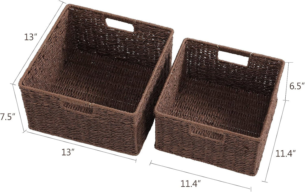 HOONEX Storage Baskets for Organizing, Decorative Round Paper Rope Woven Baskets for Storage with Carrying Handles, Set of 2, Dark Brown