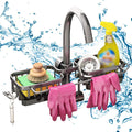 Sink Organizer Rack for Kitchen and Bathroom, 2024 New Kitchen Sink Faucet Organizer with Drip Tray Faucet Sponge Holder (Grey, Left+Right)