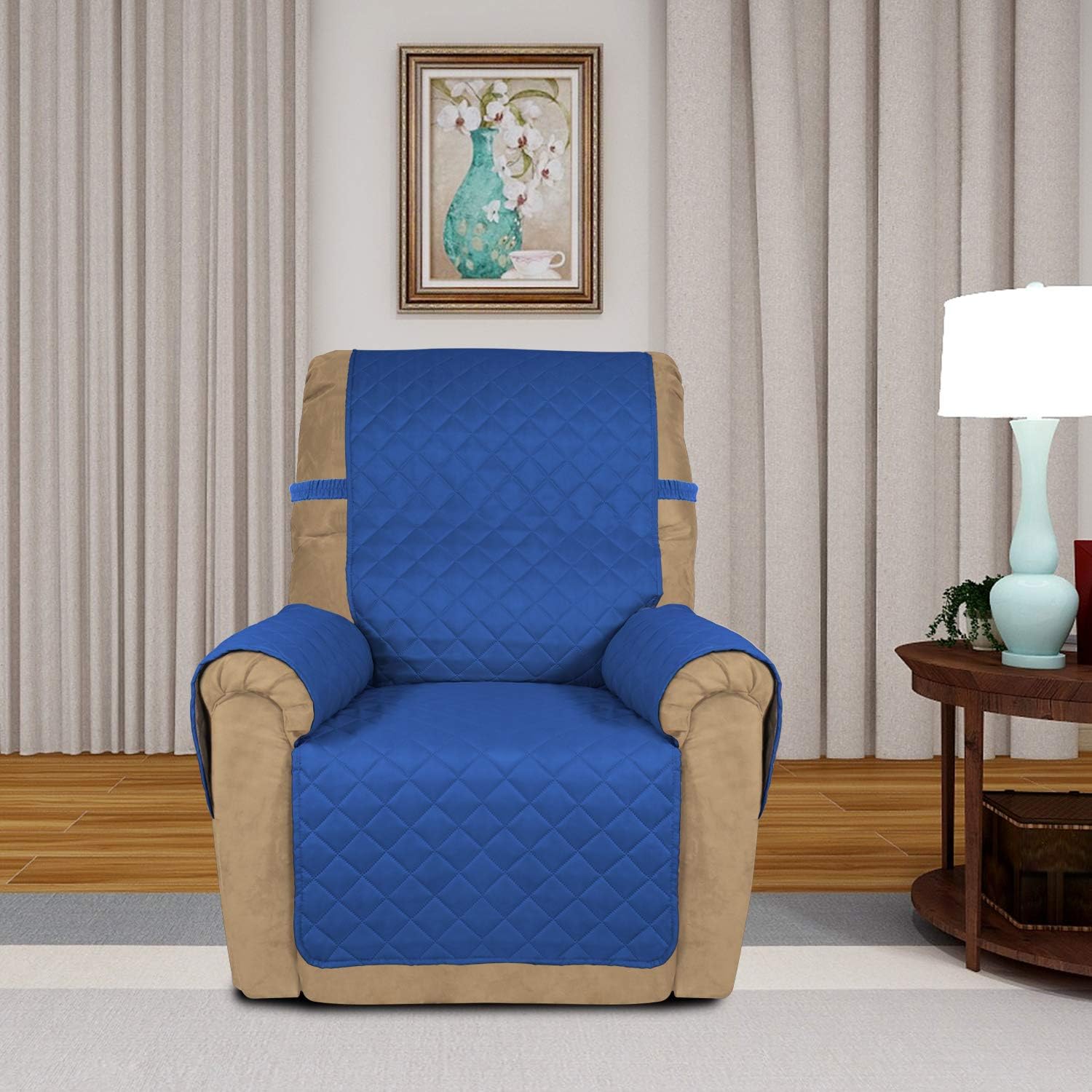 PureFit Reversible Quilted Sofa Cover, Water Resistant Slipcover Furniture Protector, Washable Couch Cover with Non Slip and Elastic Straps for Kids, Dogs, Pets (Small Recliner, Classic Blue/Ivory)