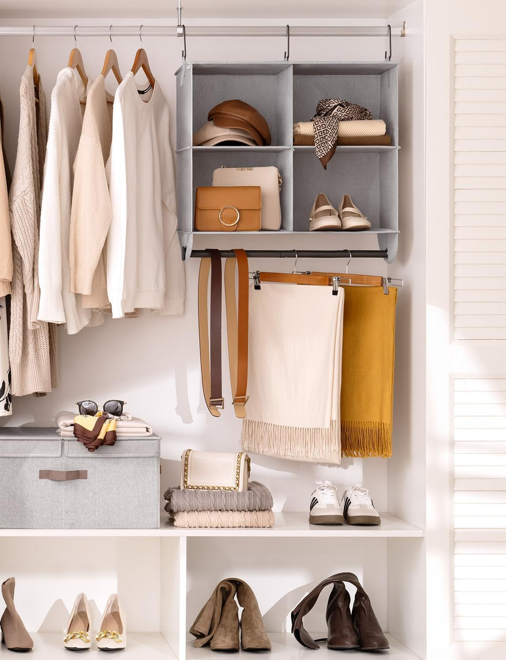 StorageWorks Hanging Closet Organizer with Metal Rod, 4-Section Closet Organizers and Storage, Collapsible Hanging Shelves for Closet, Bedroom, Kids Dorm Room, RV Camper, Gray and White