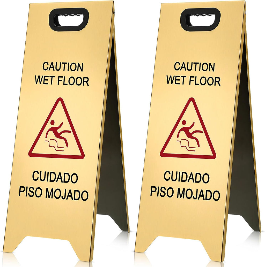 2 Pcs 24 Inch Stainless Steel Wet Floor Sign, Heavy Duty Caution Wet Floor Sign Double Sided Portable Foldable Bilingual Safety Warning for Restaurant Restroom Office Avoid Fall (Gold)