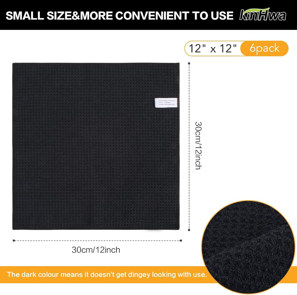 KinHwa Microfiber Dish Cloths Thick Waffle Weave Kitchen Dish Rags Ultra Absorbent Odor Free Dishcloths 12inch x 12inch… (Black 10 pc, 12in x 12in)