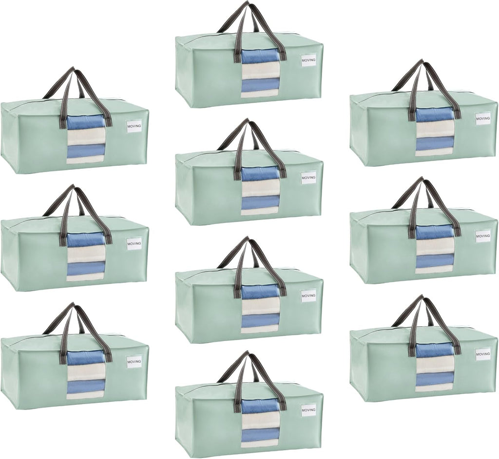 VENO 10 Pack Moving Bags for College, Heavy-Duty Storage Totes, Moving Boxes and Wardrobe Packing Supplies Alternative - Extra Large Durable Laundry Bags for Clothes (Shiny Light Green, 10 Pack)