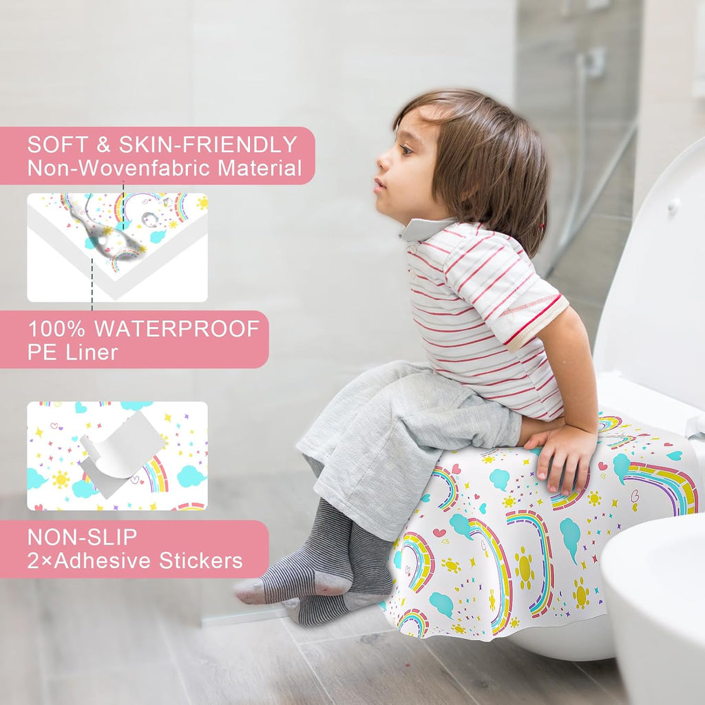 50 PCS Disposable Toilet Seat Covers, Extra Large Portable Potty Seat Covers for Toilet, Bathroom, Toddler & Kid Potty Training Seat Cover, Travel Essentials for Airplane, Trip-Rainbow