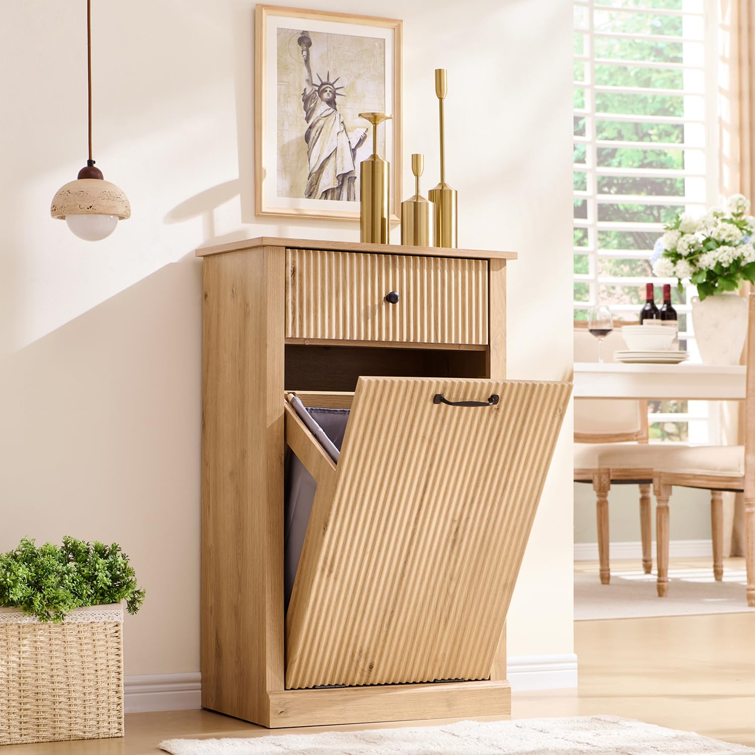 Modern Tilt-Out Trash Can Cabinet, 10 Gallon Fluted Laundry Hamper Cabinet with Drawers, Wooden Hidden Garbage Can Cabinet w/Storage Basket, Free Standing for Kitchen & Living Room,Natural Oak