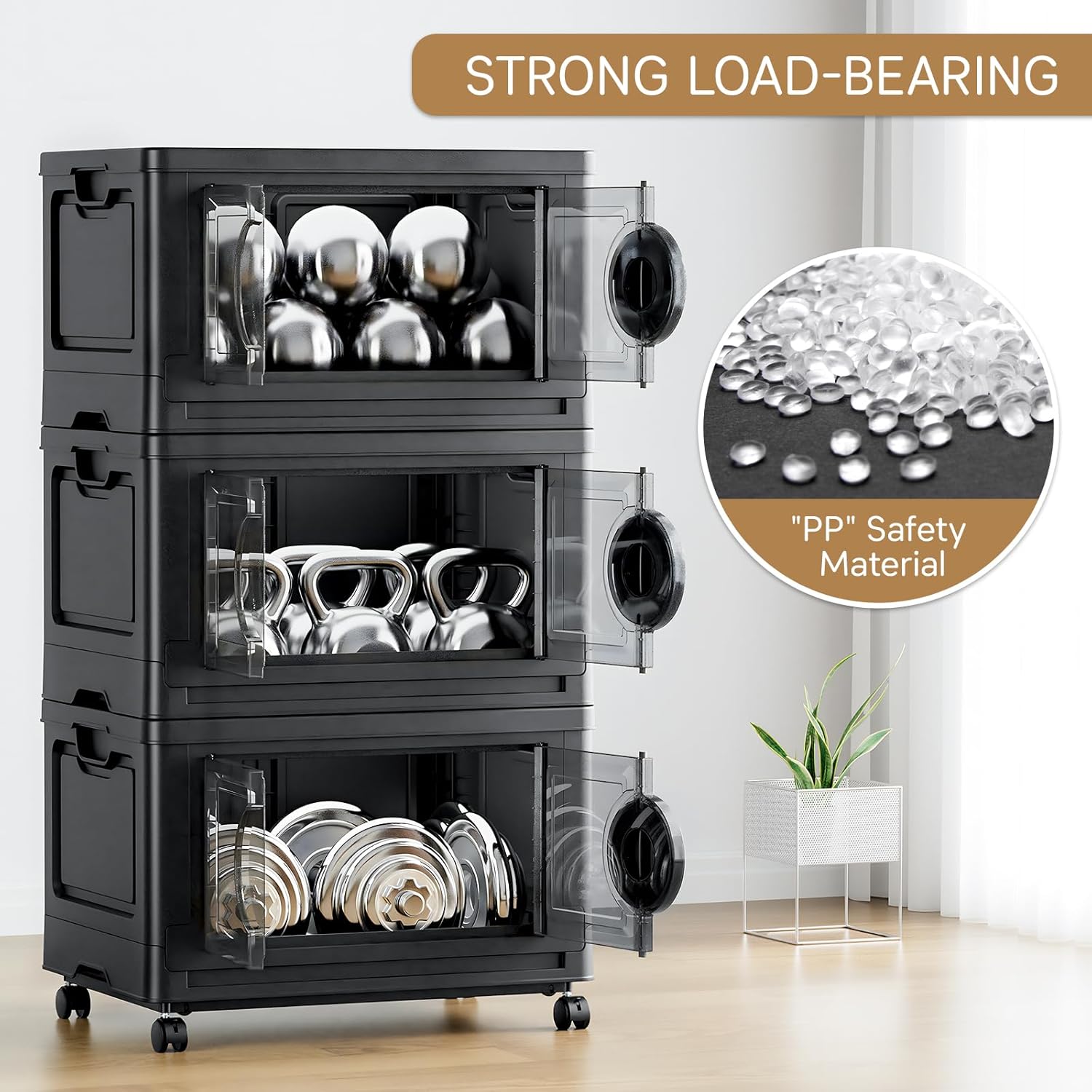 JEKO&JEKO 332Qt Lockable Stackable Storage Bins with Lids, Collapsible Closet Organizer with Wheels, Plastic Cabinet Drawer for Clothes, Dorm Room 4 Pack (Black)