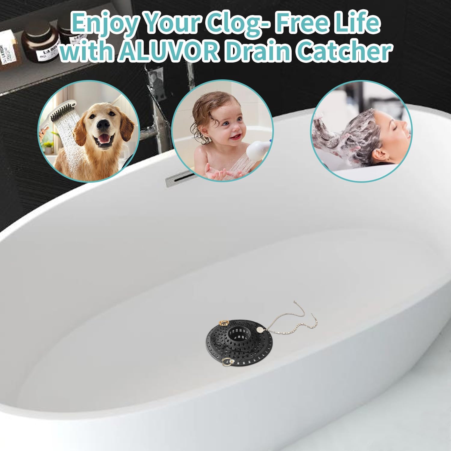 Shower Hair Drain Catcher, Silicone Bathtub Drain Hair Catcher Strainer, All-in-one Tub Hair Catcher Drain Protector for 1.48'' to 1.76'' Regular Drains, 3PCS/Black Aqua Purple