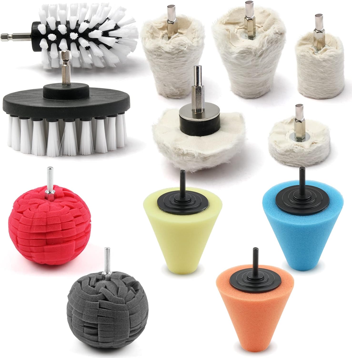 Polishing Pad Buffing Wheel Kit 12 Pack, Polishing Ball for Drill,for Car Care Metal Aluminum Stainless Steel Chrome Wood Plastic Ceramic Glass Woods Fabric Cotton Machine Jewelry