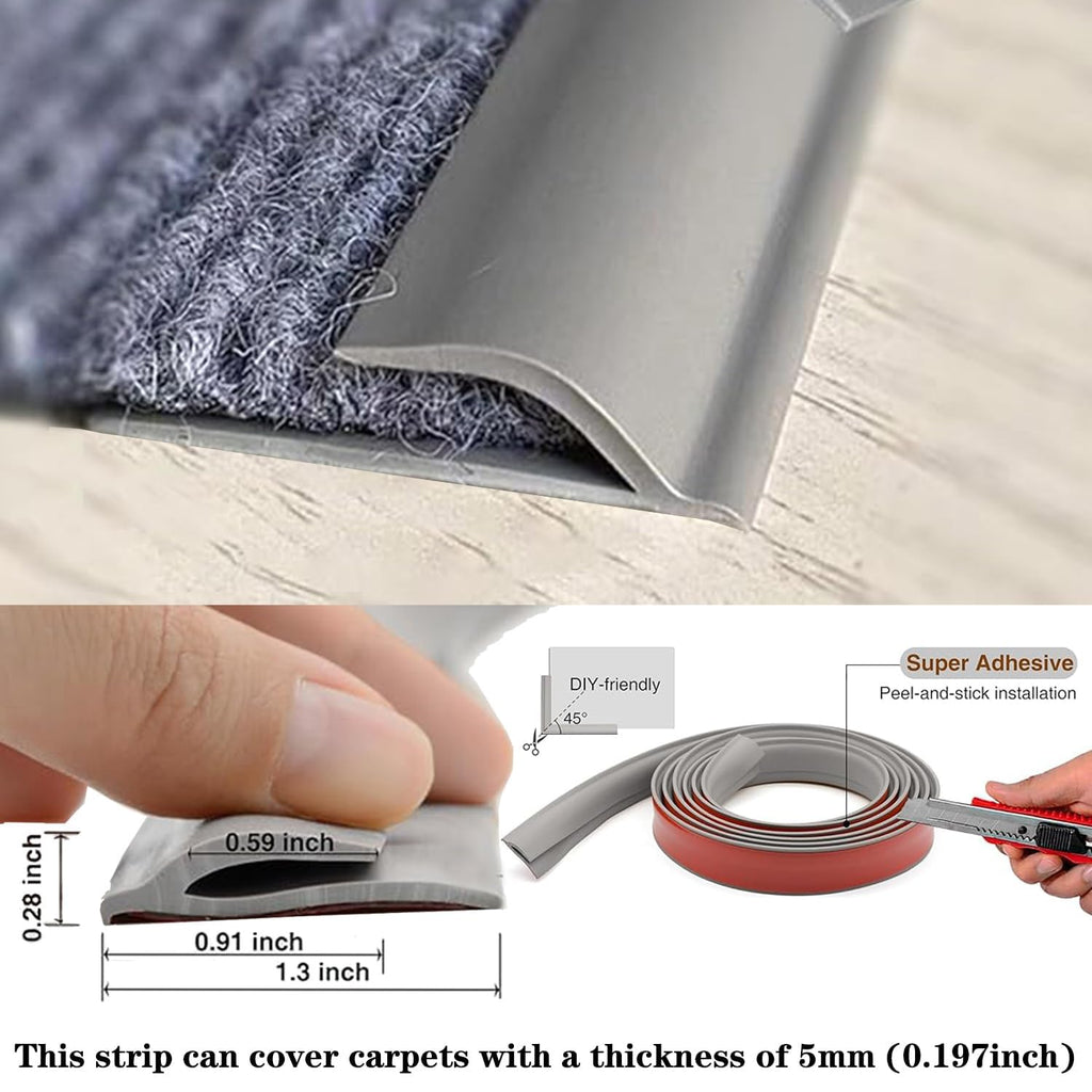 Self Adhesive Carpet Transition Strip with Edge Trim, Designed for Seamless Transitions from Carpet to Tile or Vinyl Floors, Perfect for Doorways.(Gray,30ft)