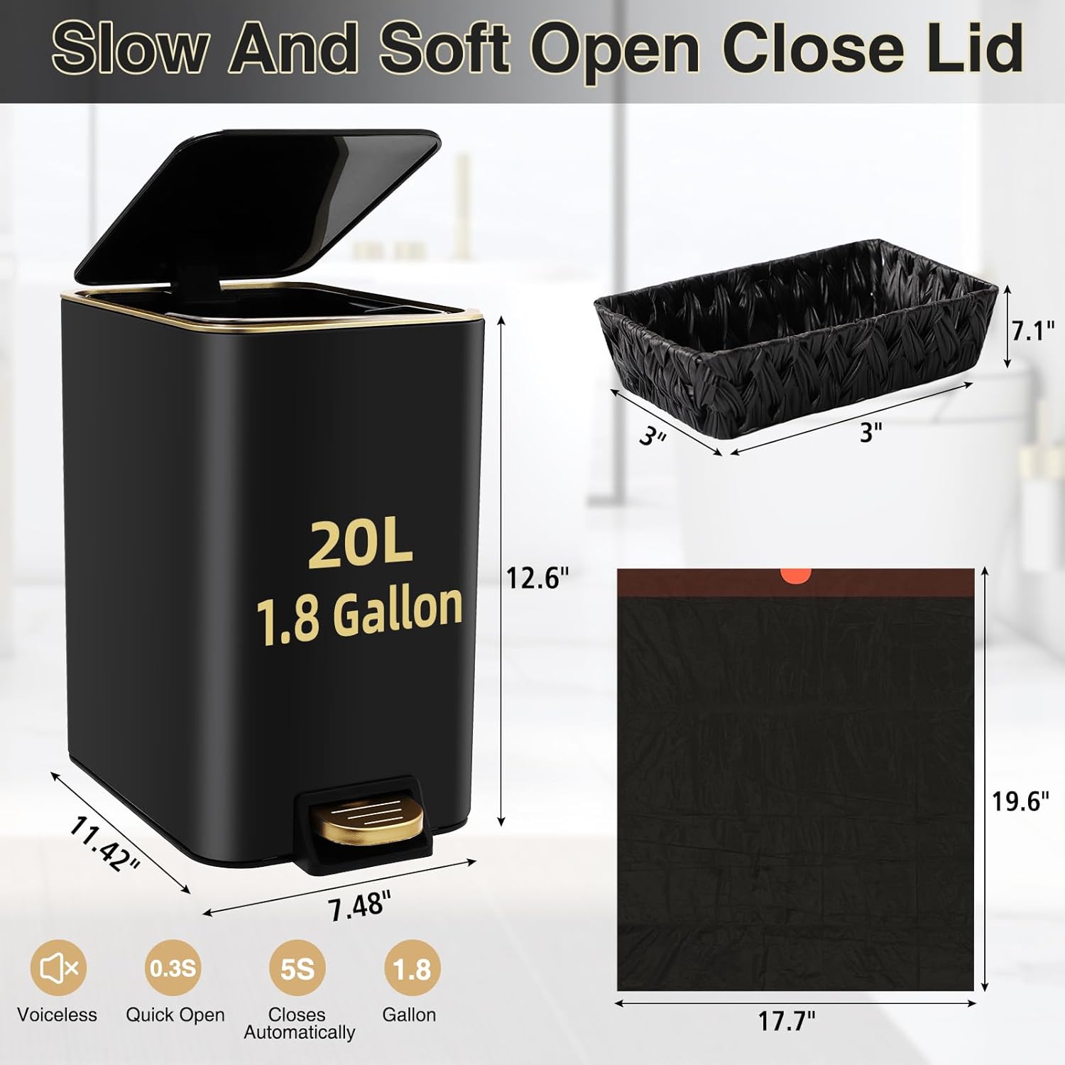 Small Bathroom Trash Can with Lid Soft Close, 1.8 Gallon Stainless Steel Garbage Can with Removable Inner Bucket,Wicker Storage Baskets,75Count Trash Bags, Slim Step Pedal Trash Bins