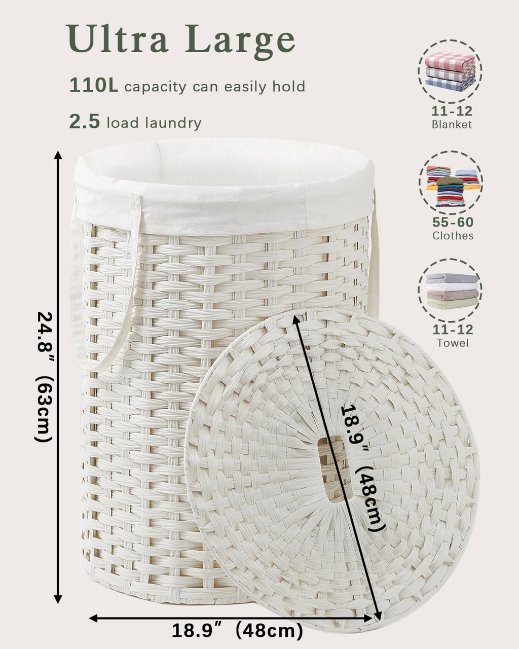 Laundry Basket with Lid Round Rattan Laundry Hamper with Lid and Handles 29.1 Gal (110 L) Handwoven Woven Basket with Removable Bags and 2 Mesh Bags for Bathroom Living Room White