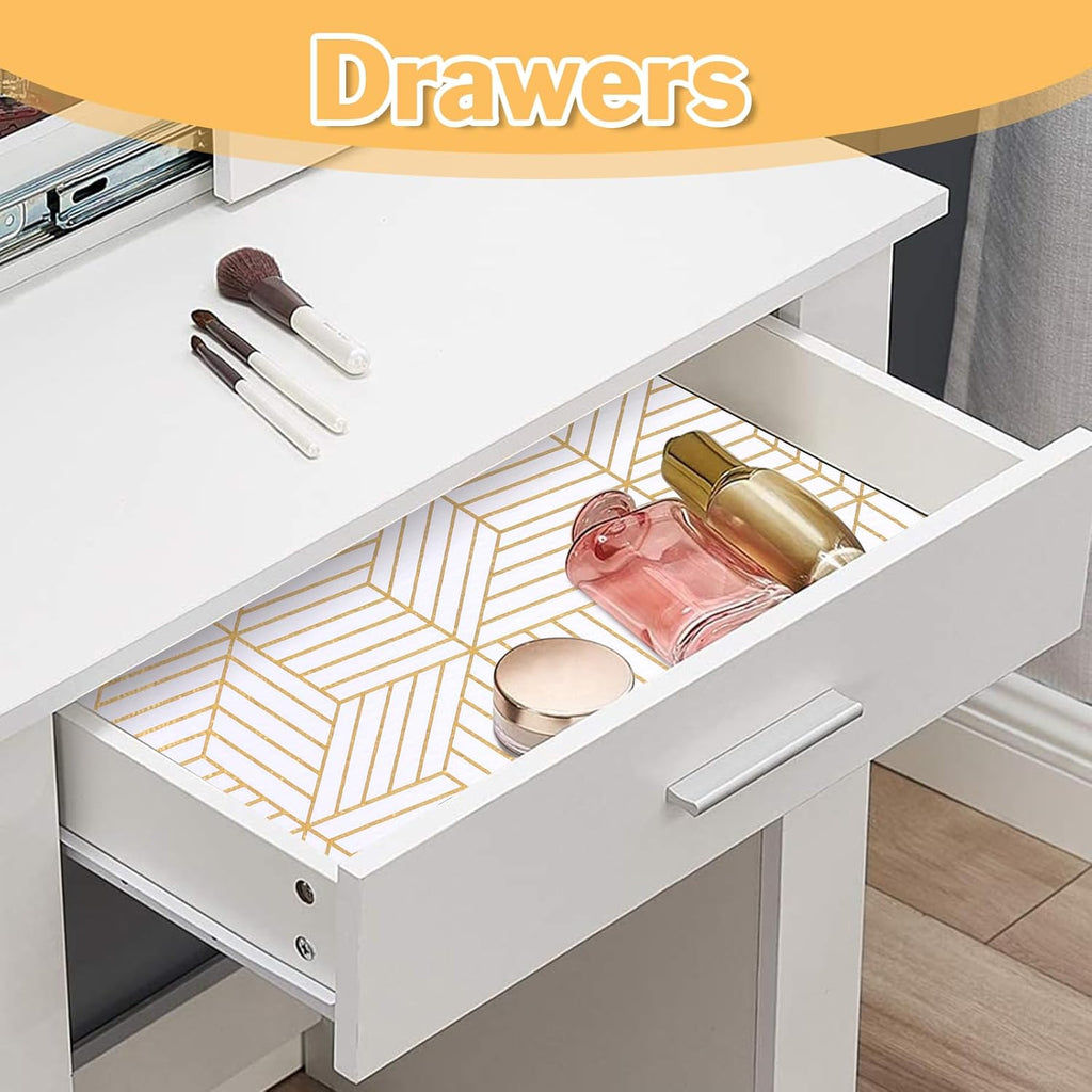 Shelf Liners for Kitchen Cabinets Non Adhesive Shelf Liner Paper Non-Slip Thickened Drawer Liner Easy to Clean for Tool Box Refrigerator with Knife and Tape Measure, Gold Geometric, 11.8 x 354.3 in