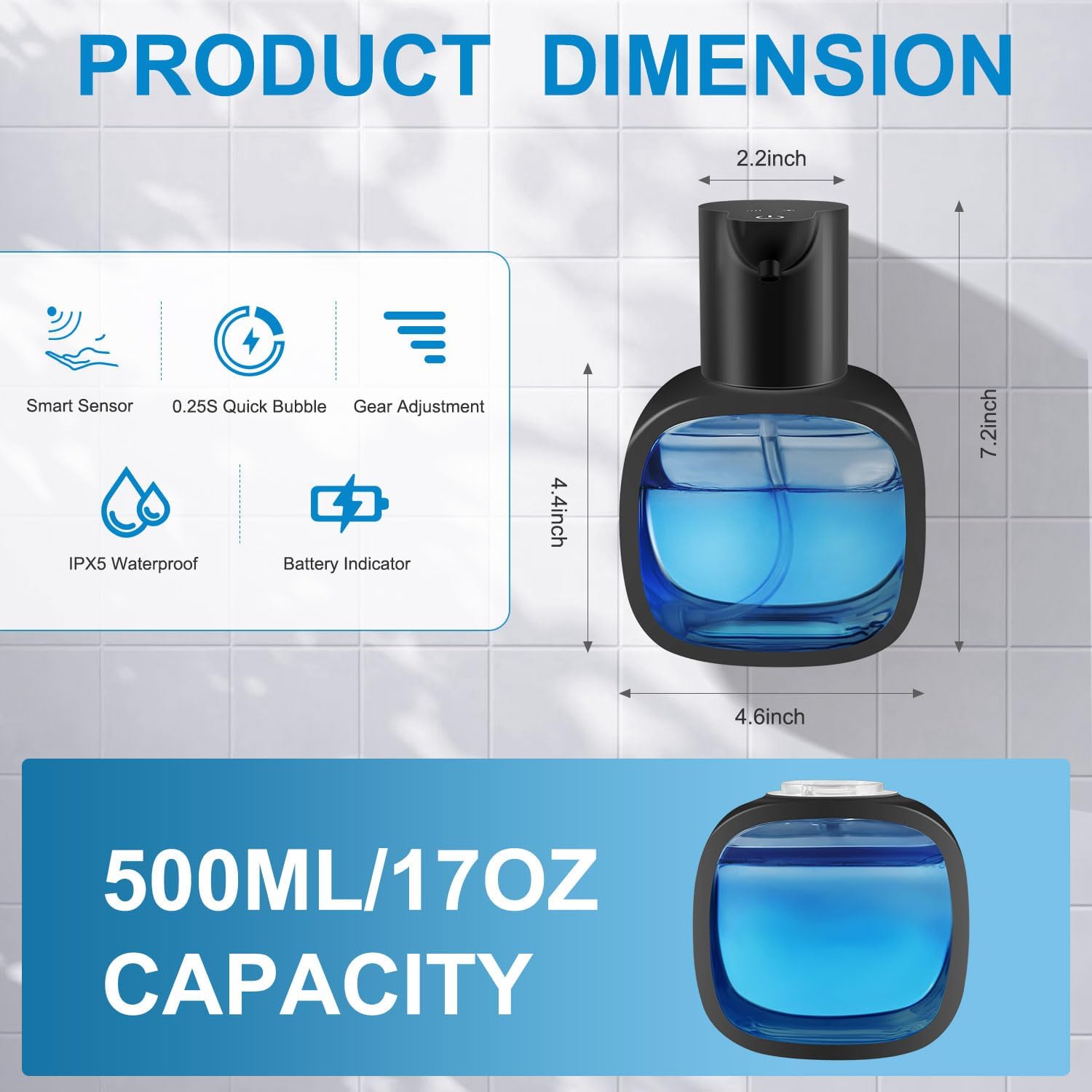 Automatic Liquid Soap Dispenser with 500ml /17oz Capacity, Touchless Soap Dispenser with 4 Level Adjustable, Rechargeable, Wall-Mounted, Waterproof for Kitchen, Bathroom, Hotel, Restaurant