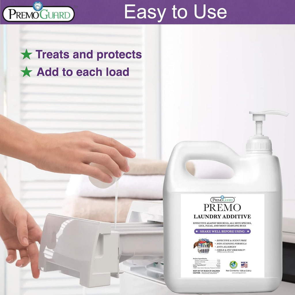 Premo Guard Bed Bug, Mite & Lice Laundry Detergent Additive 128 oz – Child & Pet Friendly – Stain & Odor Free – Best Natural Non-Toxin Treatment