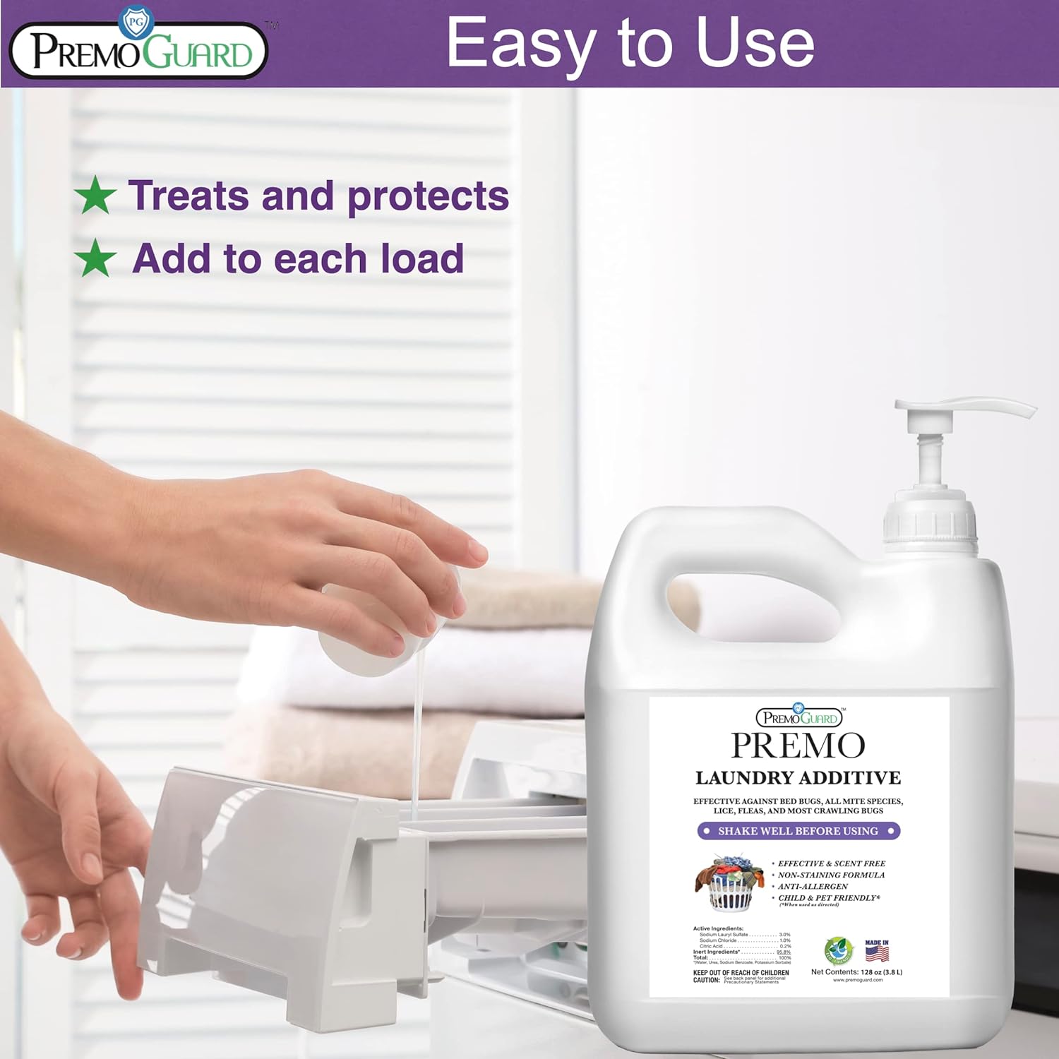 Premo Guard Bed Bug, Mite & Lice Laundry Detergent Additive 64 oz – Child & Pet Friendly – Stain & Odor Free – Best Natural Non-Toxin Treatment