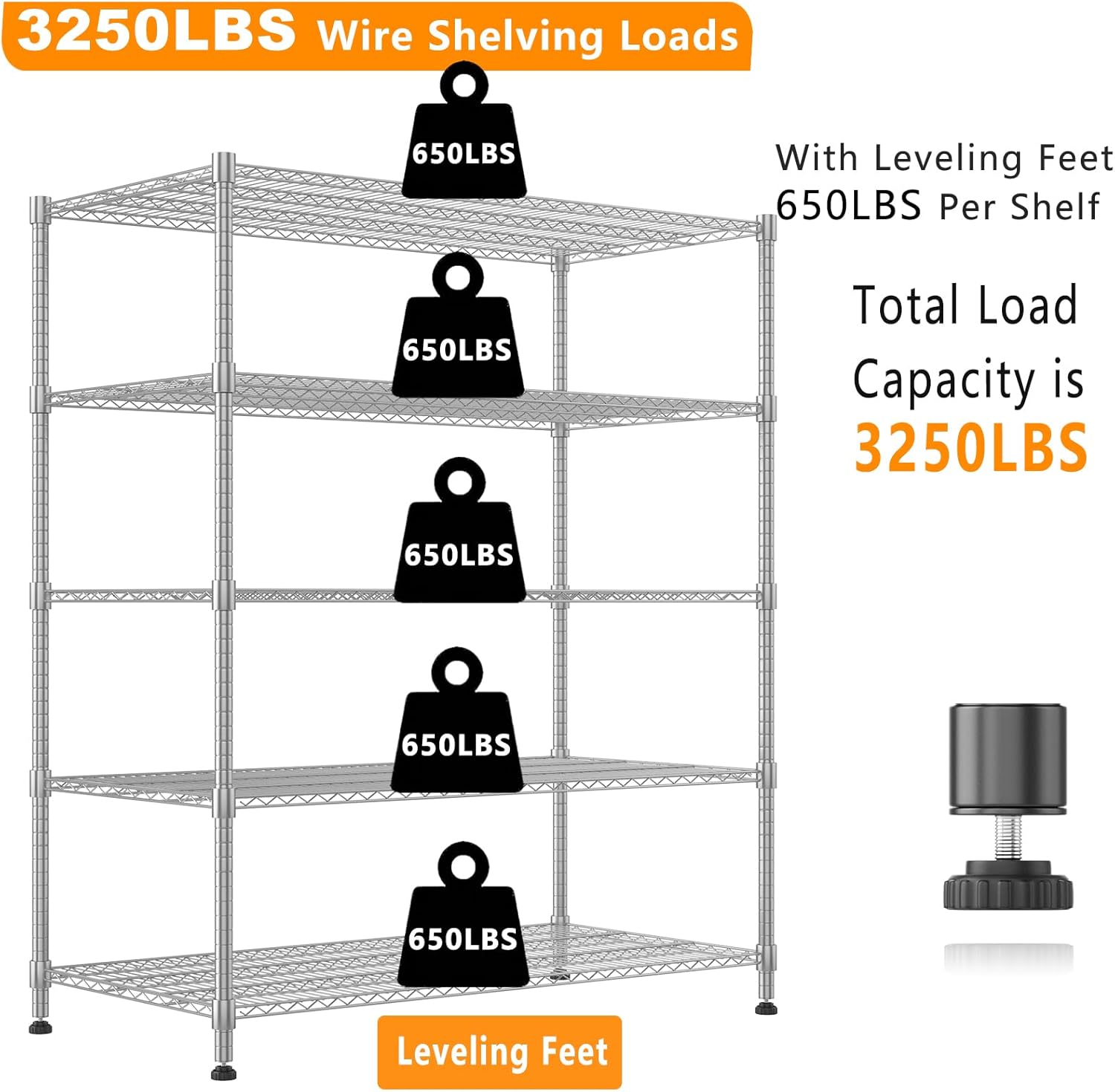 Himimi 60" W Storage Shelves, 5-Tier Wire Shelving with Wheels 3250LBS Heavy Duty Metal Shelves for Storage, Adjustable Wire Rack Shelving for Garage Kitchen Pantry 24" Dx60 Wx82 H, Silver