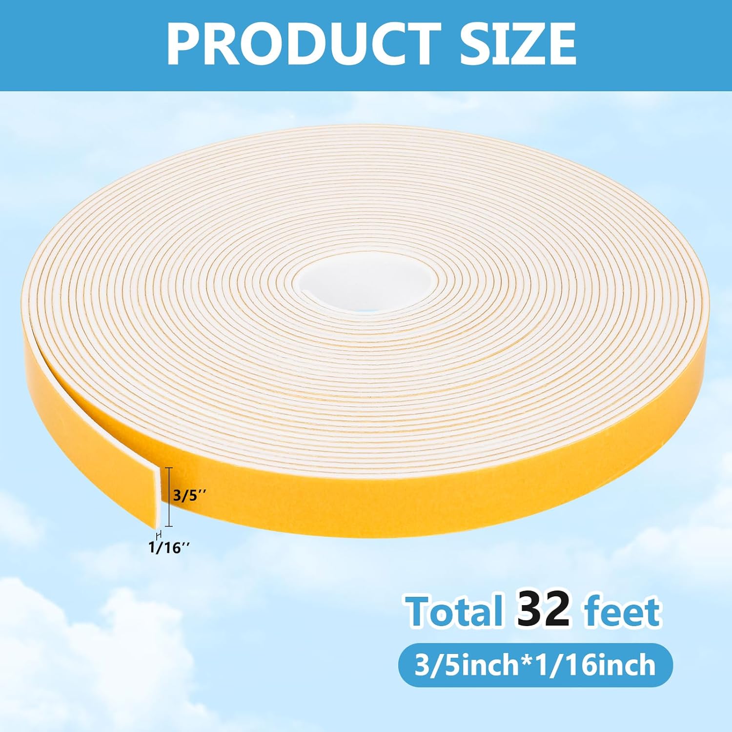 Weather Stripping Door Seal Strip (3/5 Inch X 1/16 Inch X 32Feet), Strong Adhesive, Lightproof, Soundproof, Weatherproof Foam Tape Insulation for Sliding Door, Front Door Frame, Windows- White