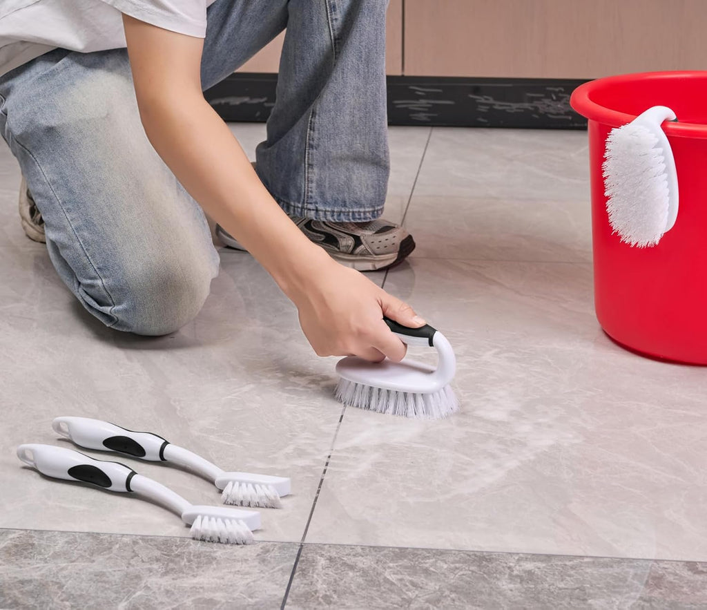 Scrub Brush Set, 4 Pack Deep Cleaning Brush Kit - 2 Scrub Brush, 2 Tile & Grout Brush with Built-in Scraper, Household Commercial Scrubber for Floor, Shower, Pool Wall, Tub (Black)