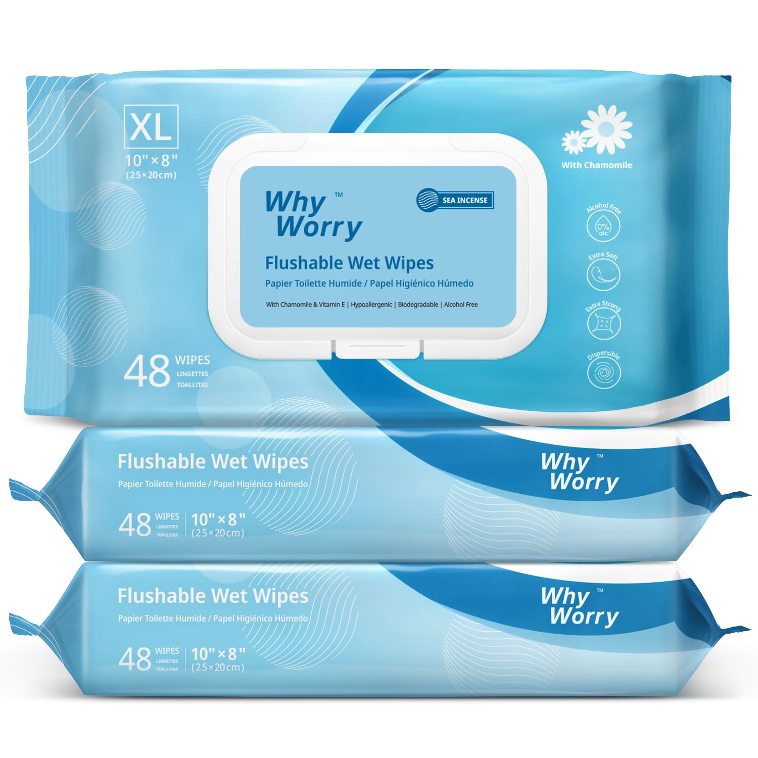 WhyWorry Flushable Wipes for Adults, Extra Large 8"x10" Butt Wipes for Toilet & Personal Cleansing, Chamomile and Vitamin E, 100% Plant-Based, Septic & Sewer Safe, Sea Incense, 144 Count (3 Packs)