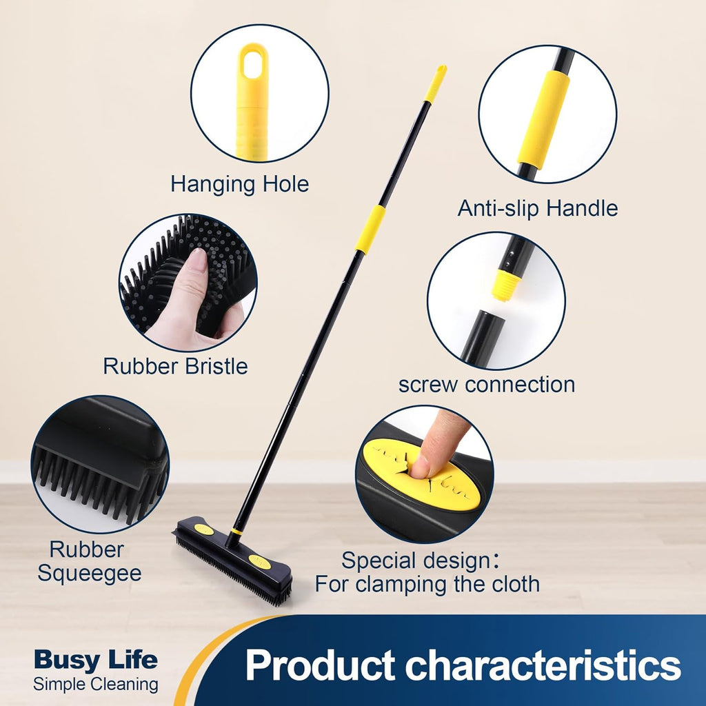 Yocada Pet Hair Removal Rubber Broom 2 in 1 Floor Brush with Squeegee Carpet Rake 57.5" Long Handle Fur Broom for Carpet Hardwood Floor Tile