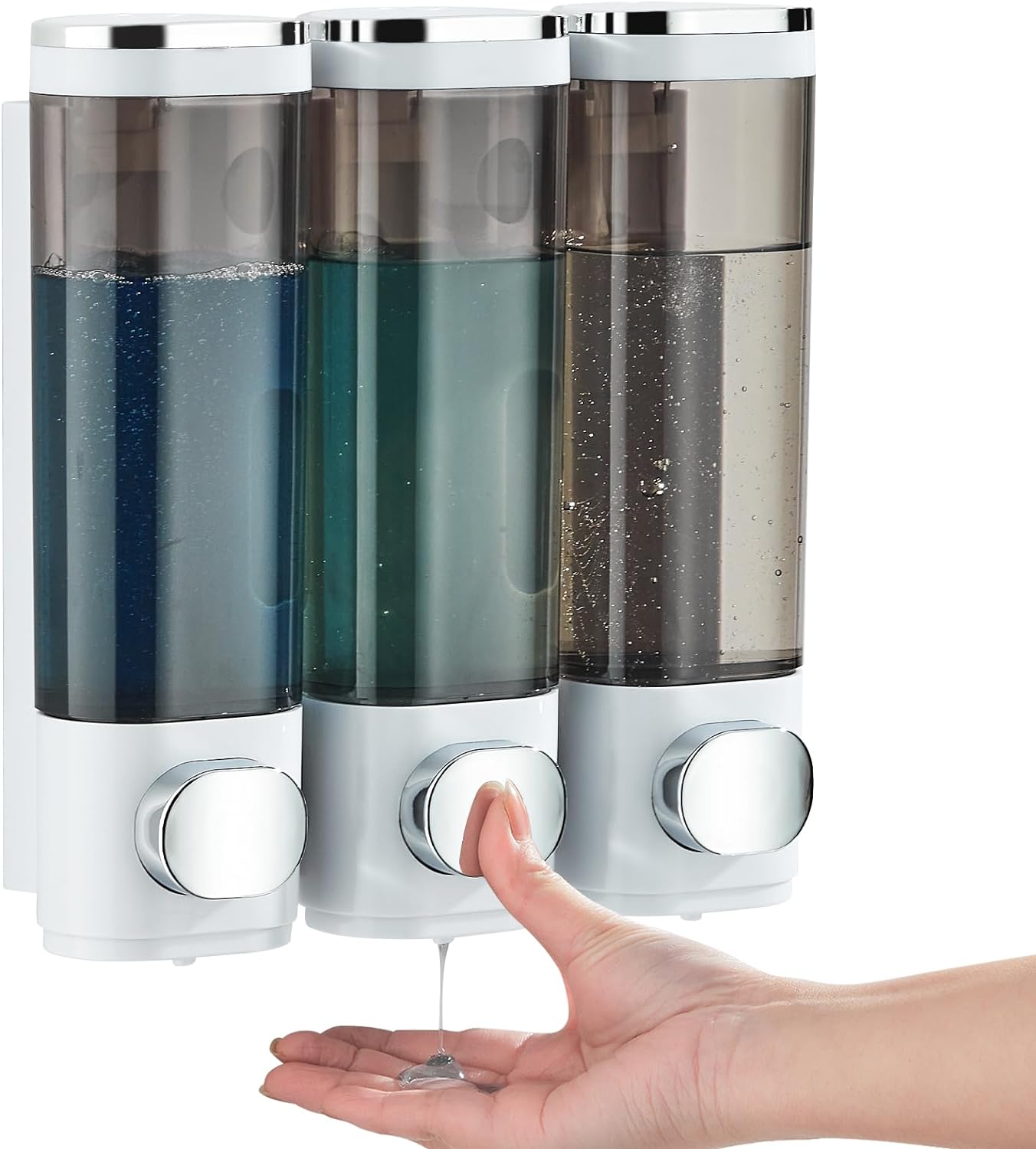 Shampoo and Conditioner Dispenser, Shower Soap Dispenser 3 Chamber No Drill Shampoo Dispenser for Shower Wall Mounted Shampoo Conditioner Body Wash Dispenser for Bathroom,Large Capacity,White