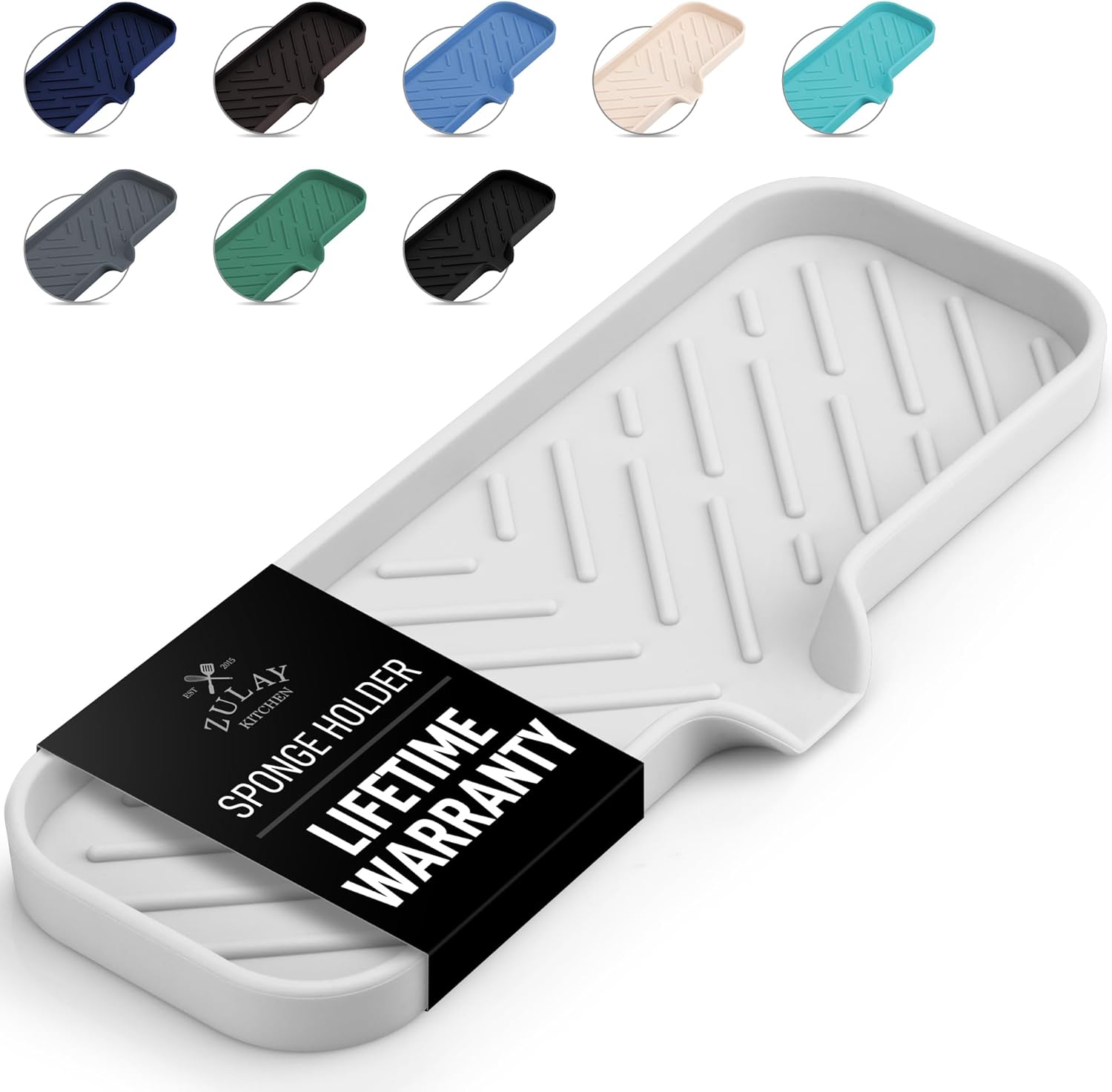 Zulay Kitchen Large Silicone Sponge Holder (12x4) – Flexible Sink Organizer Tray for Kitchen & Bathroom – Multipurpose Soap Dish for Sponges, Makeup, Trinkets & More (White)
