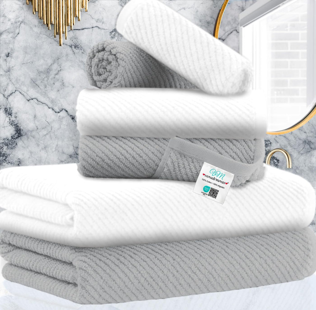 VOOVA & MOVAS Bathroom Towel Set - 100% Cotton | Soft | Quick Dry, Towel Set of 6, 2 Large Bath Towels 30"x56", 2 Hand Towels 18"x28", 2 Washcloths 13"x13", Bathroom Essentials, Grey and White
