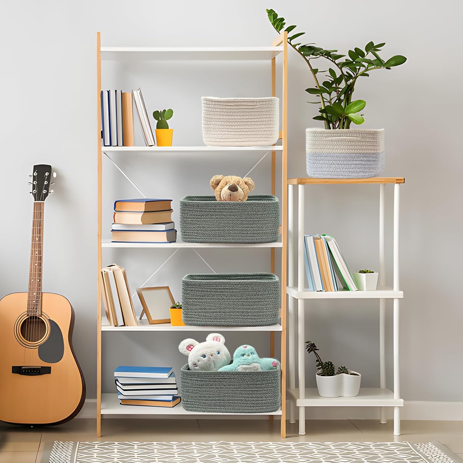 COMFY-HOMI 11.5"x7.5"x4.7" Storage Baskets for Organizing | Cotton Rope Woven Basket | Toy Storage Bin Box | Basket for Shelves, Closet Organizer Bin, Decorative Closet Shelf, 3 Pack, Green