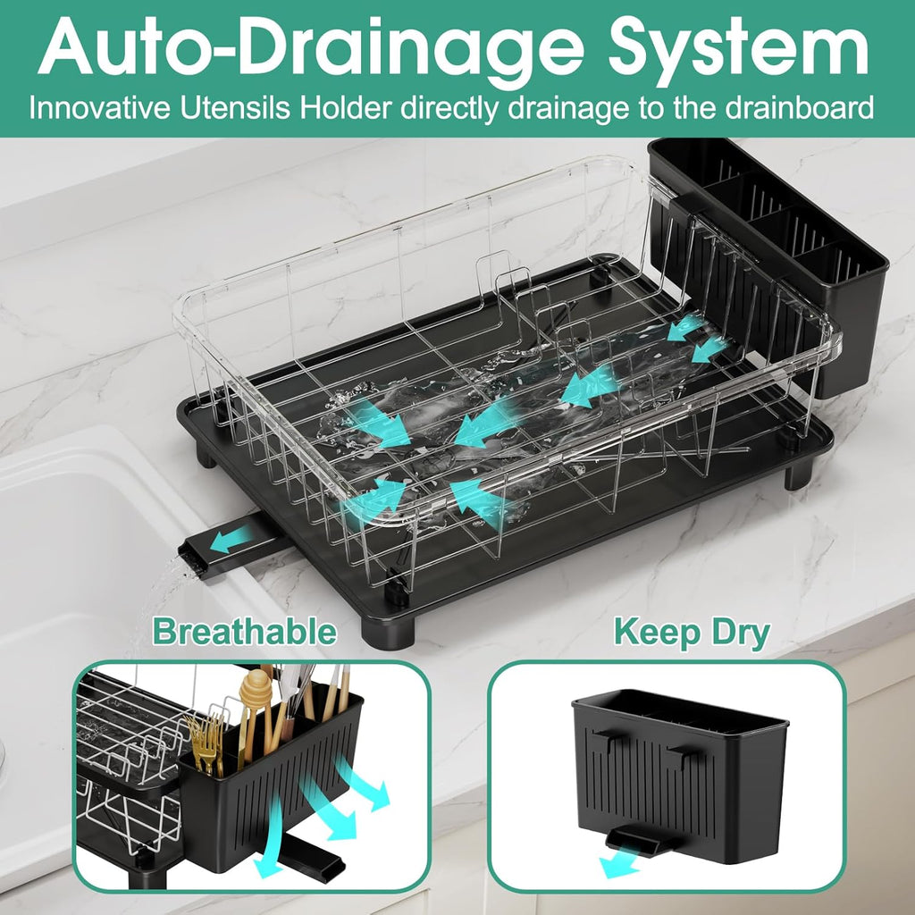 Dish Drying Rack - Space-Saving Dish Rack,Dish Racks for Kitchen Counter with Drainboard, Rustproof Dish Drainer with a Removable 4-Compartment Utensil Holder,Black-White
