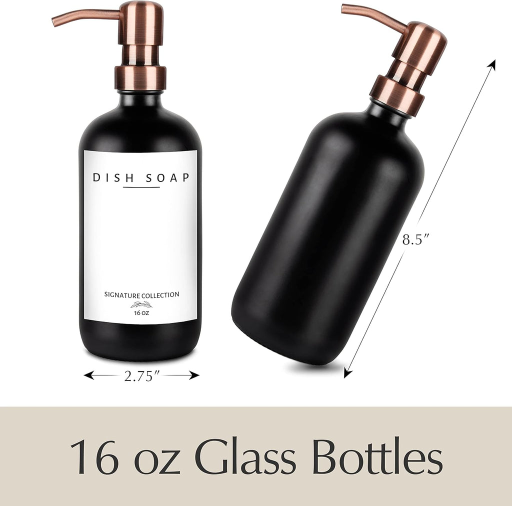 Emerson Soap Dispenser, Dish Soap Dispenser for Kitchen - Soap Dispenser Bathroom Set, Hand Soap Dispenser, Kitchen Soap Dispenser Set, Glass Soap Dispenser with Pump and Labels, 16 Oz, 2 Pack