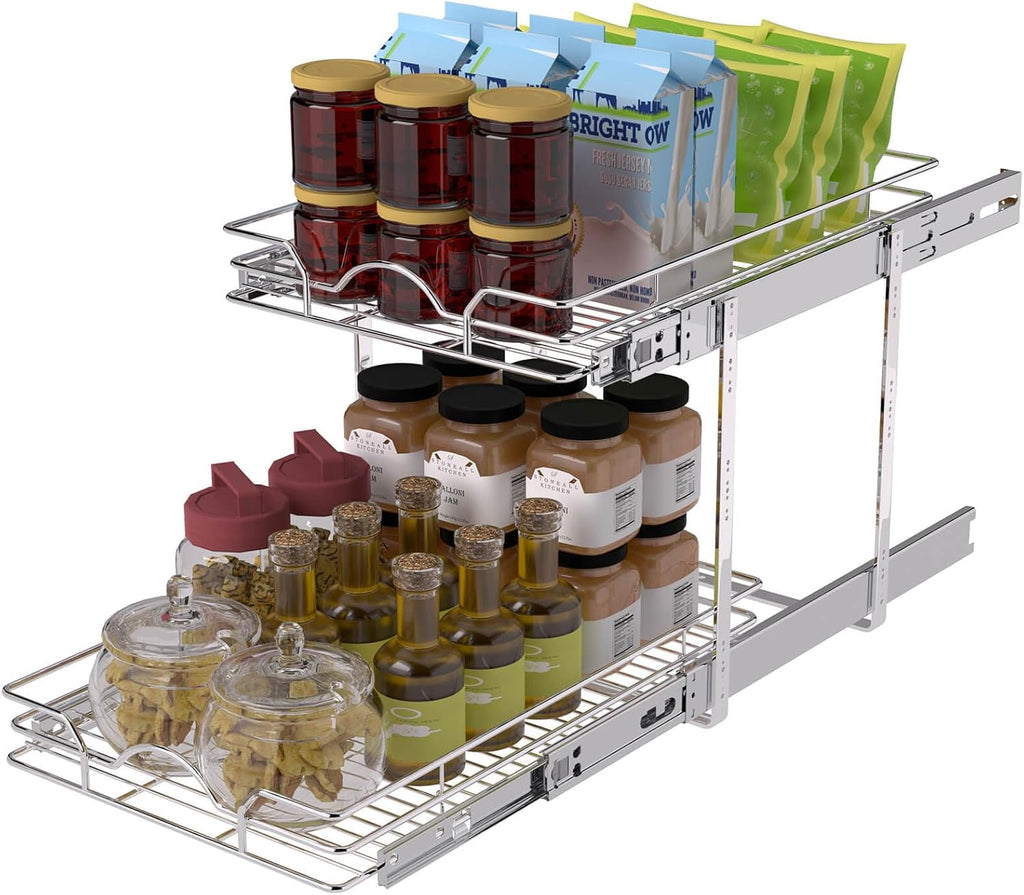 OCG 2 Tier Pull Out Cabinet Organizer (12.5" W x 18" D), Pull Out Drawers for Kitchen Cabinets, Pull Out Shelves for Base Cabinet Organization in Kitchen Bathroom Pantry, Chrome Finish