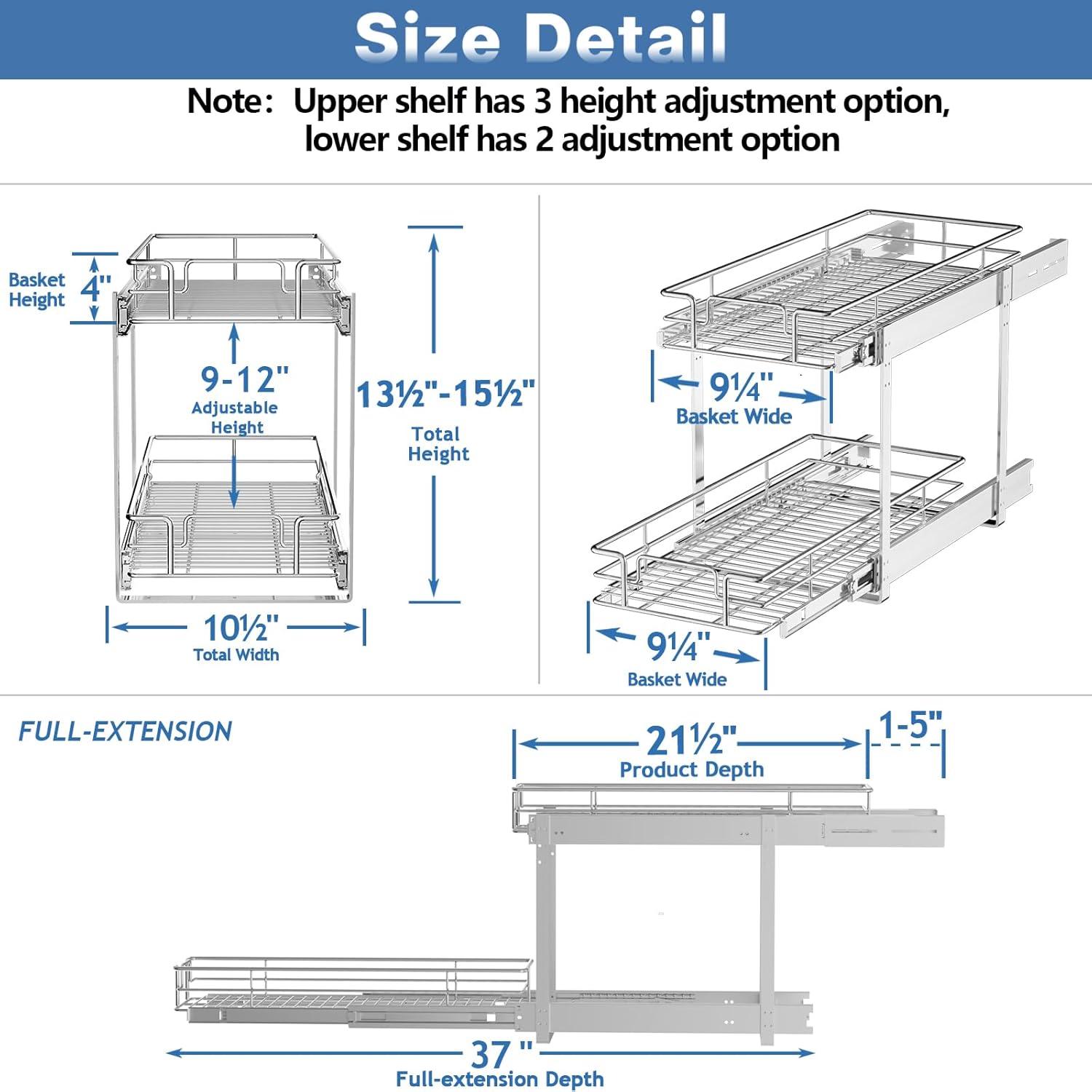 2 Tier Individual Pull Out Cabinet Organizer 10½" W x 21½" D, Heavy Duty Cabinet Pull Out Shelves, Slide Out Drawers Organization for Kitchen Cabinets Bathroom