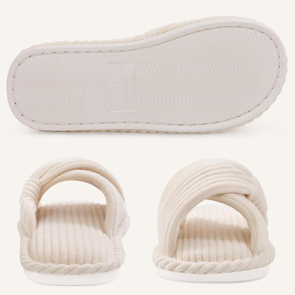 Evshine Summer House Slippers for Women Corduroy Cross Bow Indoor Slippers Open Toe Slip On Bedroom Shoes with Memory Foam