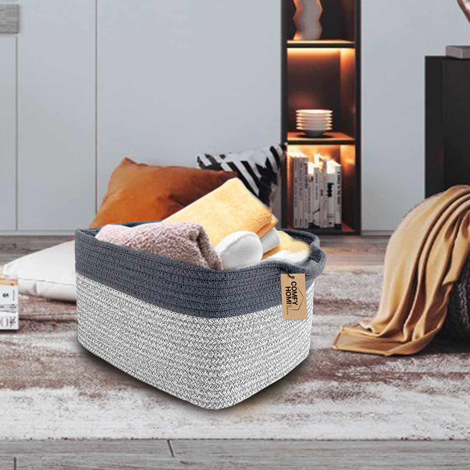 COMFY-HOMI 3Pack Cotton Rope Square Basket with Handles for Shelves|Dog Toy Storage Bin|Shoe Organizer - New 13.5" x 11" x 9.5" (Light Grey)