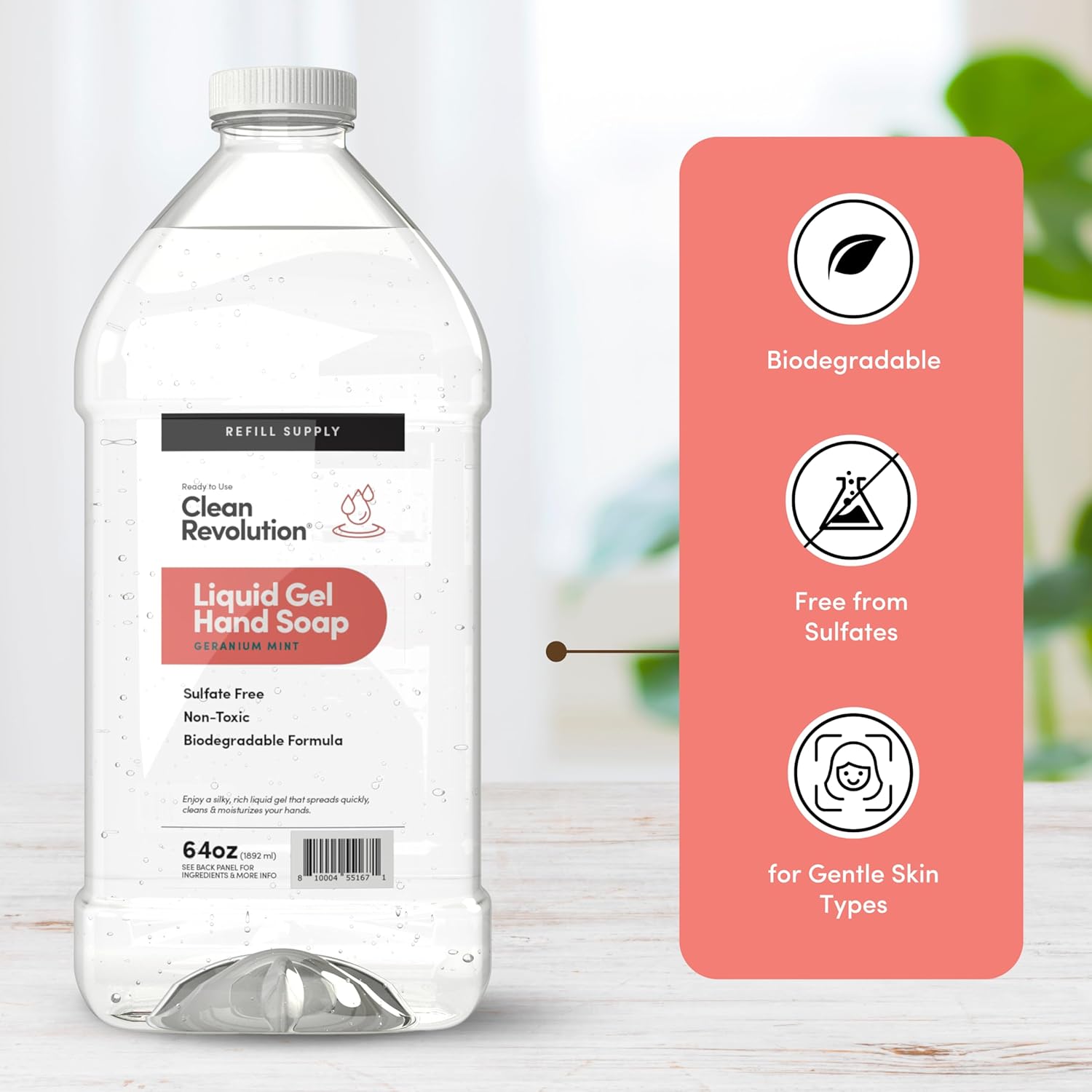 Clean Revolution Liquid Gel Hand Soap, Silky Rich Liquid, Quick Lather, Fast Rinsing, Contains Real Essential Oils (Geranium Mint) 64 Fl Oz