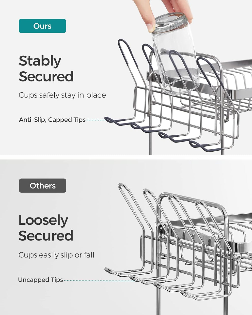 SONGMICS Dish Drying Rack - 2 Tier Dish Rack for Kitchen Counter with Rotatable and Extendable Drain Spout, Dish Drainer with Utensil, Cup, Glass, Cutting Board Holders, Silver and Gray UKCS032E01