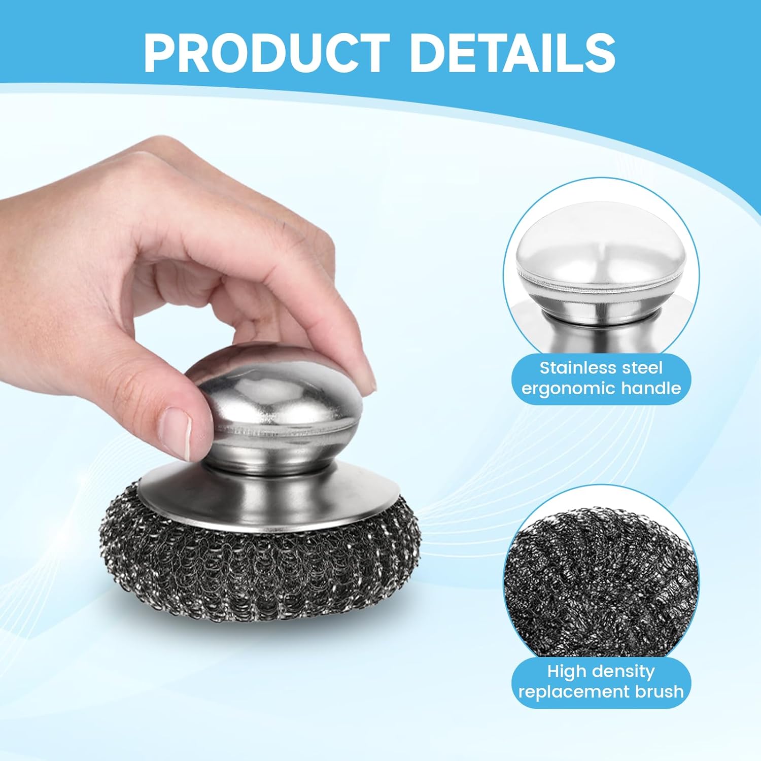 6Pcs Steel Wool Scrubber, Stainless Steel Scrubber with Handle for Cleaning Kitchen and Household Stubborn Messes from Stoves Pans Pots Grill Sink with Replacement Wire Brush Set (2 Pcs+4 Replacement)