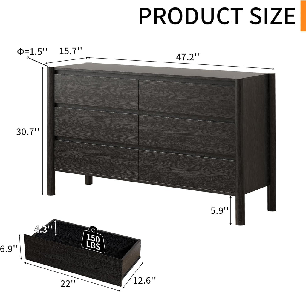 Dresser for Bedroom with 6 Drawers,47" Wide Oak Dresser with 4 Solid Wood Legs, Wooden TV Stand,Closet Clothes Organizer for Bedroom, Hallway