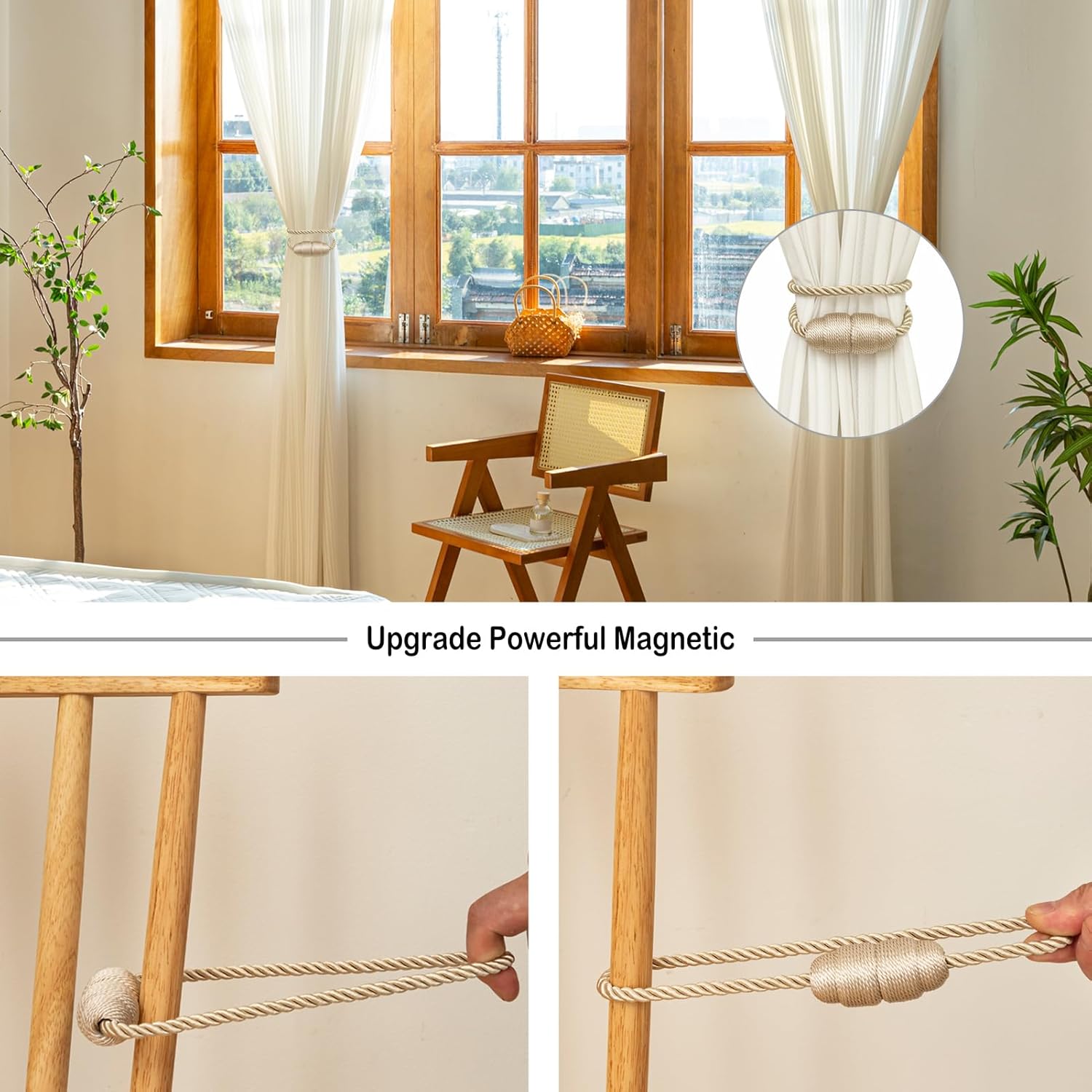 Magnetic Curtain Tiebacks - Rope Tiebacks for Curtains & Drapes, Decorative Window Holdbacks (2 Pack, Beige)