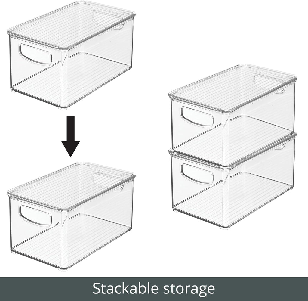mDesign Plastic Deep Storage Bin Box Container with Lid and Built-In Handles - Organization for Fruit, Snacks, or Food in Kitchen Pantry, Cabinet, or Cupboard, Ligne Collection, 4 Pack, Clear