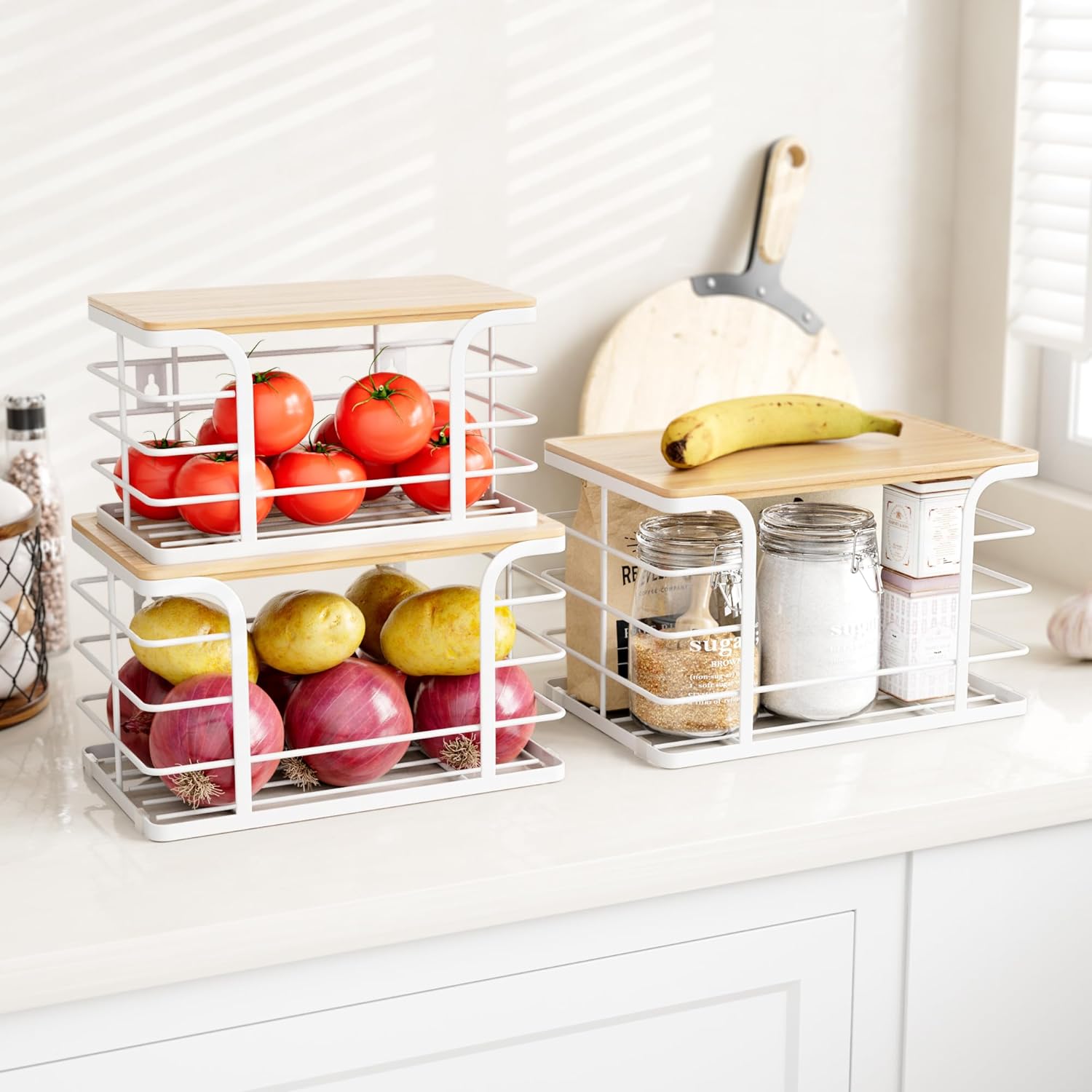 3 Pack Stackable Pantry Organizer,Stainless Steel Trash Bag Holder Dispenser,Kitchen Storage Organization for Kitchen Counter Sink,Laundry Room,Pantry, White