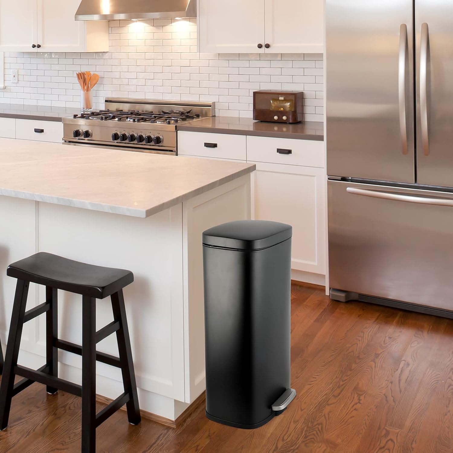AthLike Trash Can, Stainless Steel Kitchen Garbage Can, Step Waste Bin with Hinged Lid and Removable Inner Bucket, Soft-Close, Dustbin for Bathroom Bedroom Living Room Home (Black, 13.2 Gal)
