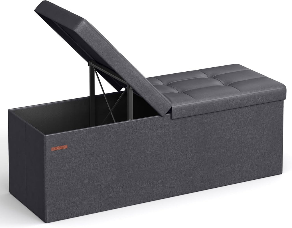 SONGMICS MAZIE Collection - 43 Inches Storage Ottoman Bench with Flipping Lid, Storage Chest with Iron Frame Support, Load 660 lb, for Living Room, Bedroom, Synthetic Leather, Dark Gray ULSF075G01