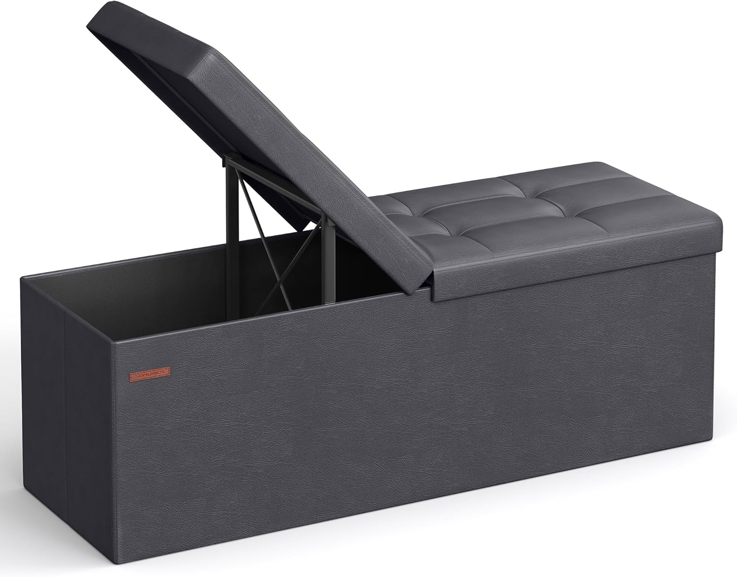 SONGMICS MAZIE Collection - 43 Inches Storage Ottoman Bench with Flipping Lid, Storage Chest with Iron Frame Support, Load 660 lb, for Living Room, Bedroom, Synthetic Leather, Dark Gray ULSF075G01