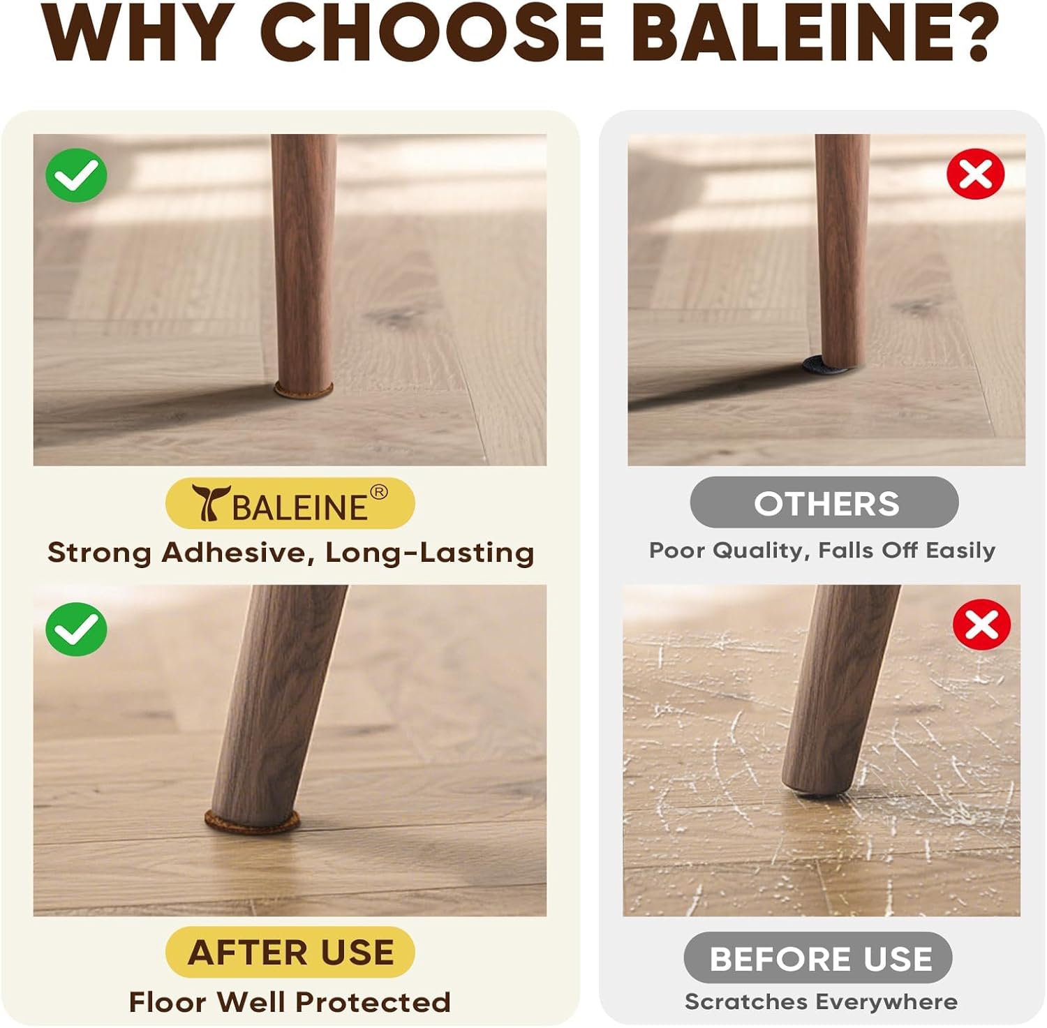 BALEINE 300PCS Felt Furniture Pads, Multi-Size Felt Pads for Chair Legs, Tables, Beds, Scratch-Reducing Floor Protectors for Hardwood Floors, Tile, Vinyl, and Laminate (300PCS, Brown)