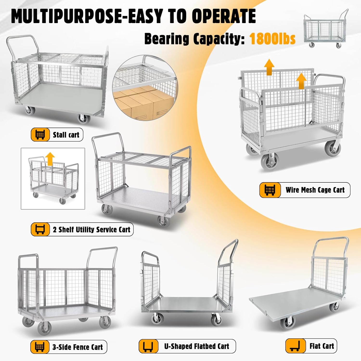 Platform Truck Cart with Cage, 6 in1 Foldable Flatbed Cart Heavy Duty Push Cart Dolly W/Swivel Wheels 1800lbs Capacity Multipurpose Hand Cart for Grocery/Laundry/Stall/Storage